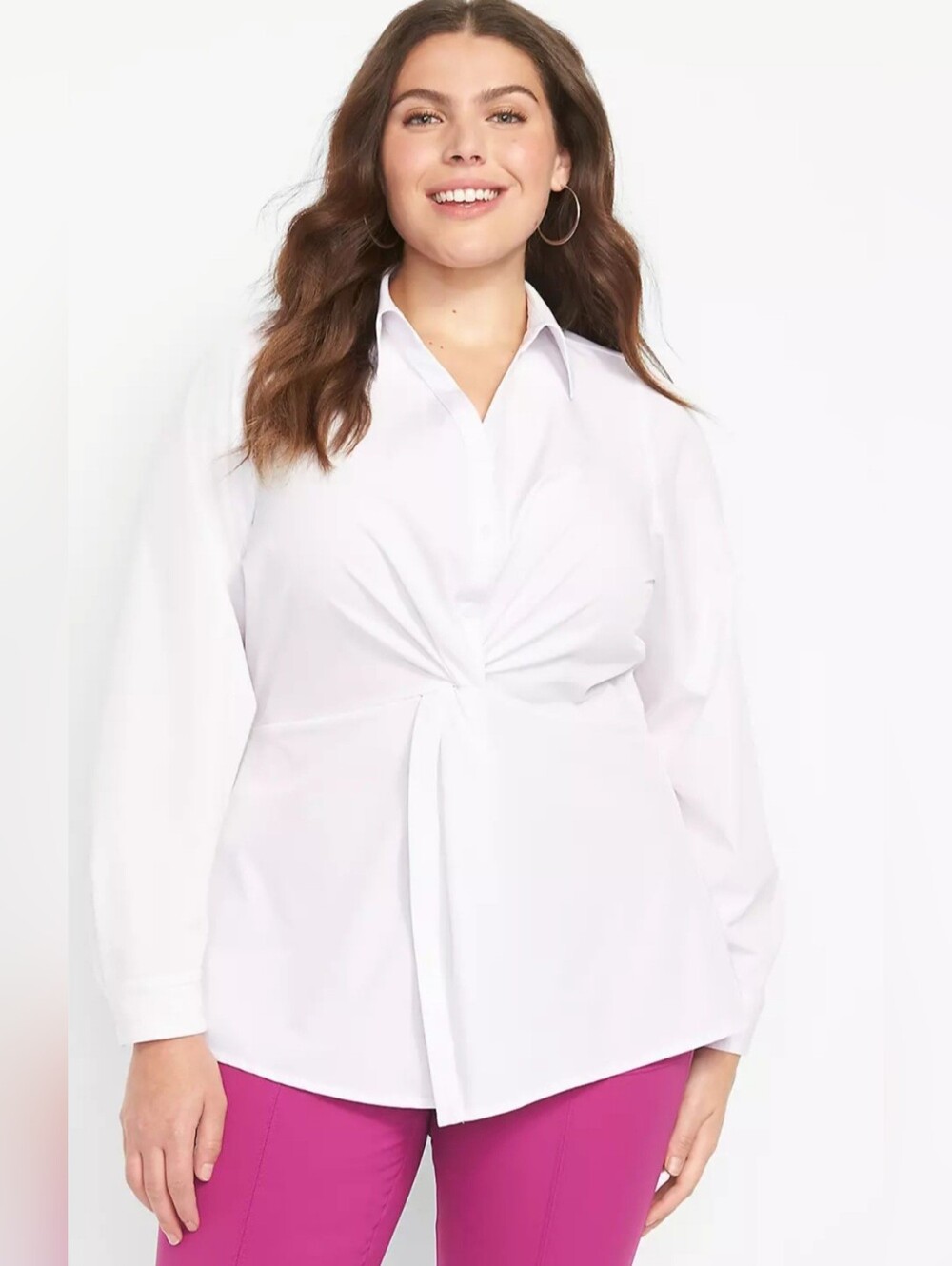 Lane Bryant No-Peek White Twist-Front Button Down Shirt Peplum Stretch Poplin 20